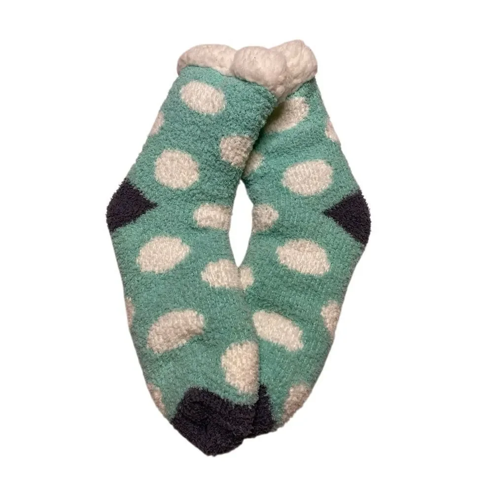 Nwt Ladies Lounge Socks Aqua White Polka Dot Sherpa Lined Cozy Fuzzy Size 4-10